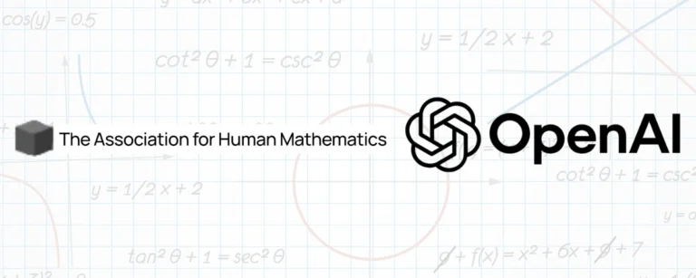 The Association for Human Mathematics and OpenAI logos displayed over a mathematical background featuring equations, graphs, and geometric diagrams.