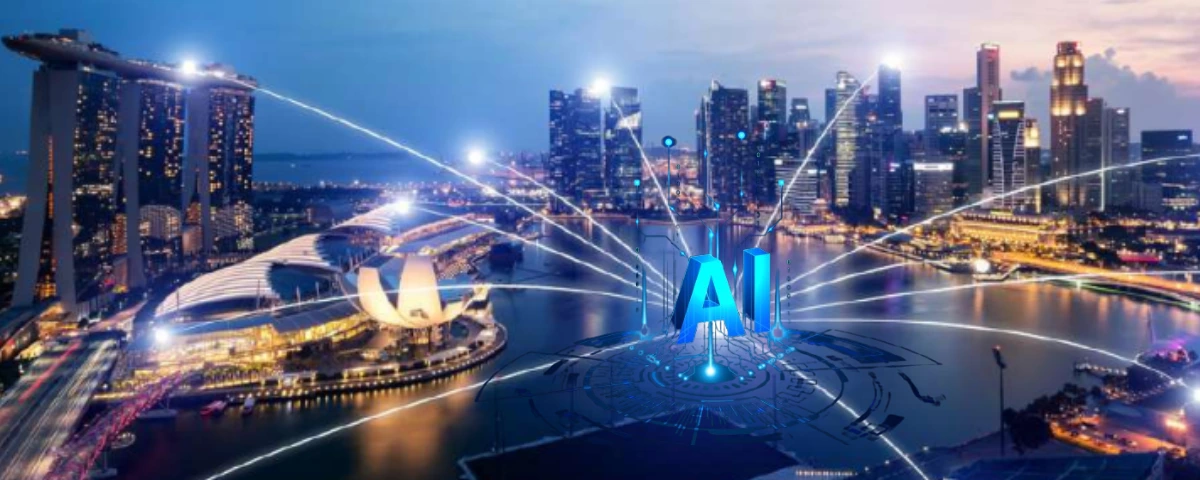 Singapore skyline at dusk with a prominent AI graphic and digital network lines connecting across the city.