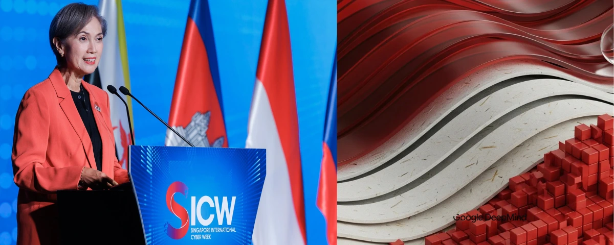 Singapore Minister Josephine Teo speaks at Singapore International Cyber Week 2026, alongside a Google DeepMind graphic featuring red and white abstract waves and geometric blocks.