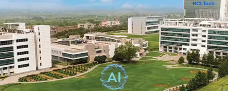 HCLTech campus featuring modern office buildings, landscaped green spaces and an AI graphic overlay.