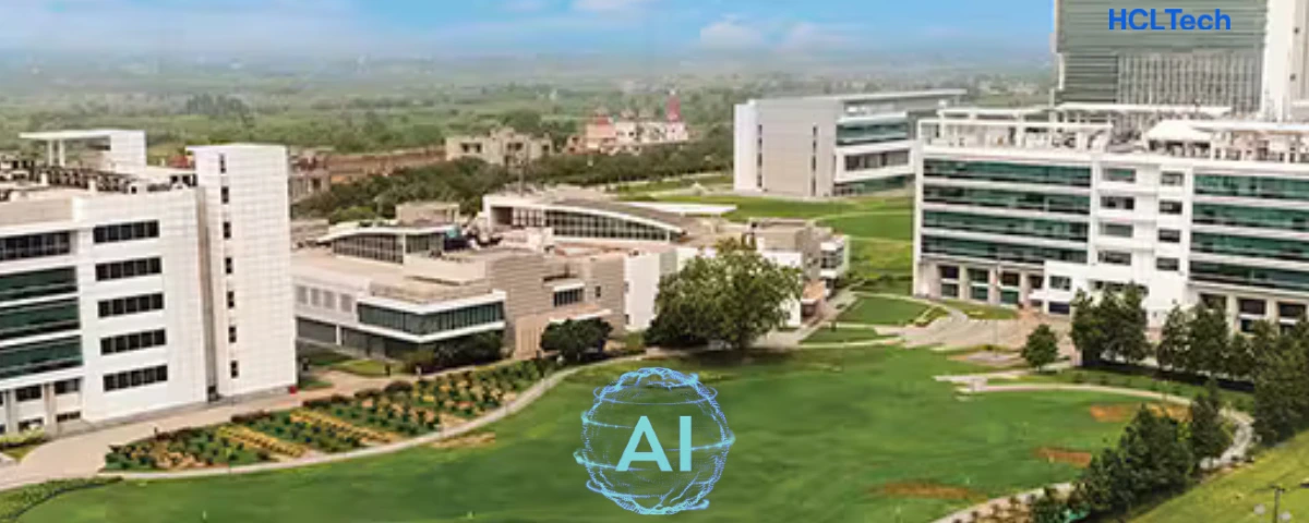HCLTech campus featuring modern office buildings, landscaped green spaces and an AI graphic overlay.